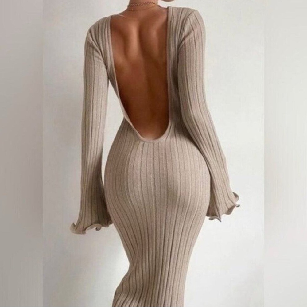 Commense Beige Tan Ribbed knit Open Back Long Sleeve Maxi Dress Size XS New